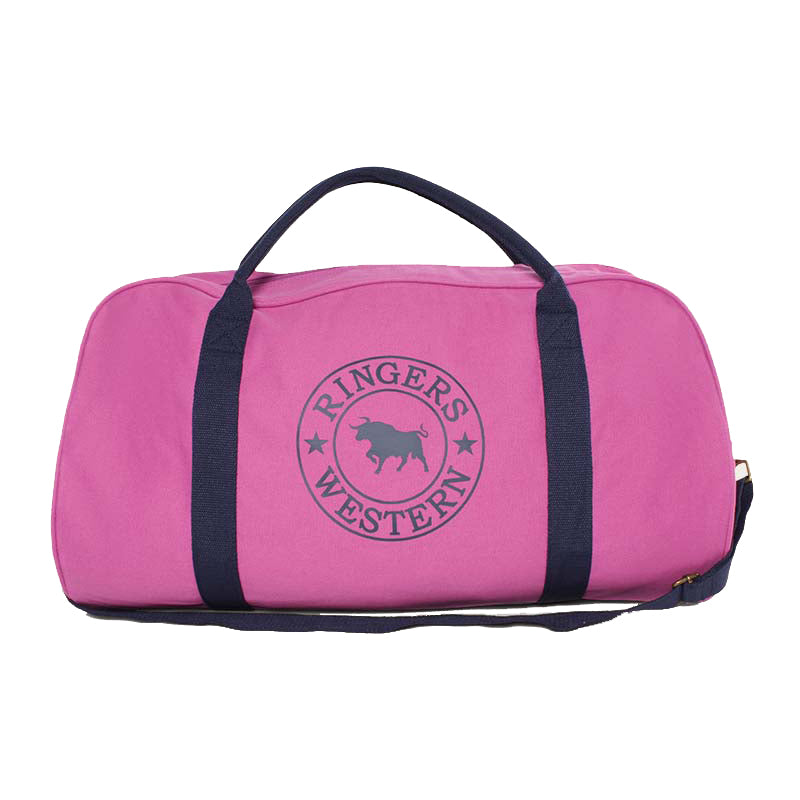 The Ringers Western Gundagai Duffle is a pink cotton canvas duffle bag with black straps and handles. It features a circular logo on the side that reads "RINGERS WESTERN" with a silhouette of a bull in the center, all in black.