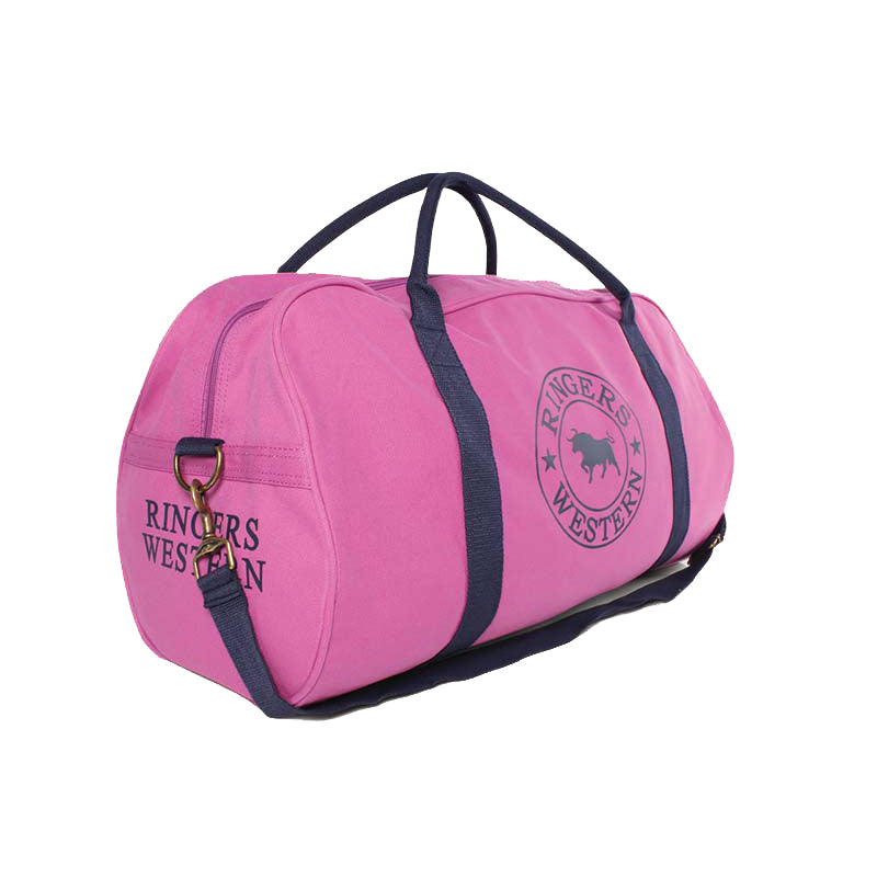 Introducing the Ringers Western Gundagai Duffle, a pink bag crafted from durable cotton canvas with black handles and straps. It proudly displays the Ringers Western logo on the side, complete with a bull silhouette. The duffle also features a small side compartment with a black zipper and a brass-colored metal ring.