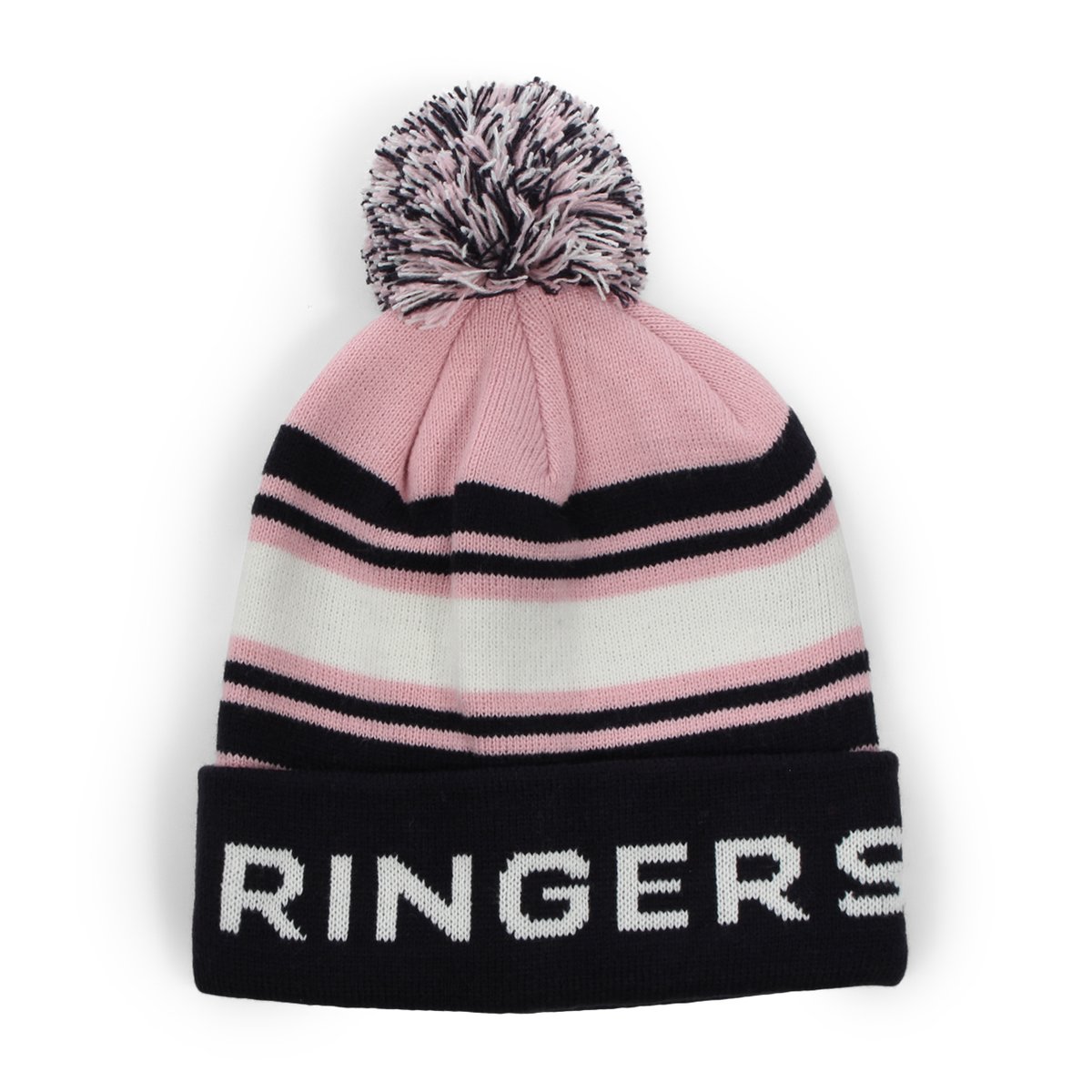 The Ringers Western Cradle Mountain Beanie, crafted from 100% acrylic, showcases pink, black, and white stripes with a playful pom-pom on top. Its black cuff prominently features the word "RINGERS" in white. This is an ideal accessory for fans of Ringers Western.