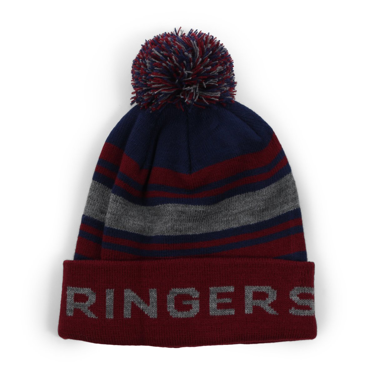 The Ringers Western Cradle Mountain Beanie is a winter hat that features navy blue, maroon, and gray horizontal stripes with a pom-pom on top. The maroon folded brim displays "RINGERS" in gray. Made from 100% acrylic, this beanie is ideal for keeping warm on chilly days.