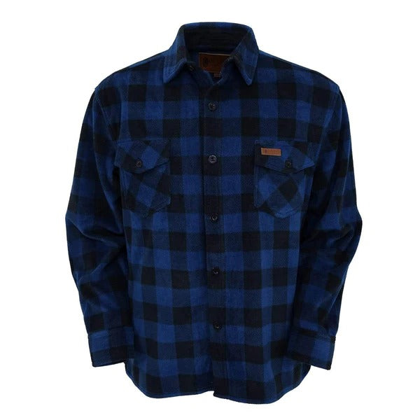 The Outback Mens Big Shirt is a blue and black plaid flannel shirt with a button-down front. This mid-weight shirt features long sleeves with adjustable button wrist cuffs, two chest pockets with button flaps, and a pointed collar. It has a relaxed, casual fit ideal for versatile styling.