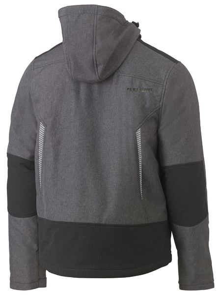 A back view of the Bisley Flx & Move Shield Jacket, featuring a hood and a dark grey color with black accents on the elbows and lower back. This comfortable jacket includes vertical reflective strips running from under the armpits to the mid-back. The hood is secured, and the showerproof fabric appears to be durable.