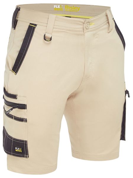 The Bisley Flex & Move 4 Way Stretch Zip Cargo Short features beige utility design with black reinforced details and multi-functional cargo pockets. It includes multiple loops, stitching accents for durability, and a 4-way stretch fabric for ultimate comfort and functionality.