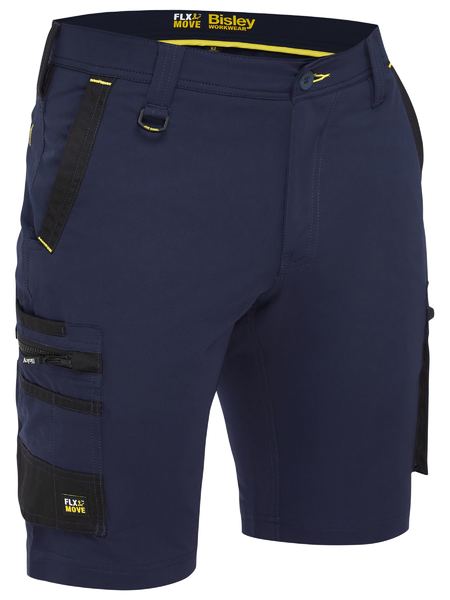 Navy Bisley Flex & Move cargo shorts with multifunctional pockets, black detailing, and a front loop. Made from 4-way stretch fabric for extra flexibility.