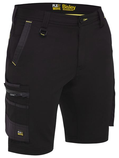 The Bisley Flex & Move 4 Way Stretch Zip Cargo Short features black 4-way stretch fabric with multifunctional cargo pockets, a zippered side pocket, tool loop, belt loop on the waistband, and yellow accents highlighting the "FLX & MOVE" and "Bisley Workwear" logos.