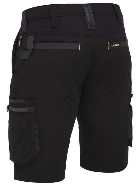 The Bisley Flex & Move 4 Way Stretch Zip Cargo Short features multi-functional cargo pockets, belt loops, a reinforced design, Velcro and zipper closures, yellow accents, and "FLEX MOVE" text on the waistband. Suitable for practical outdoor or construction use.