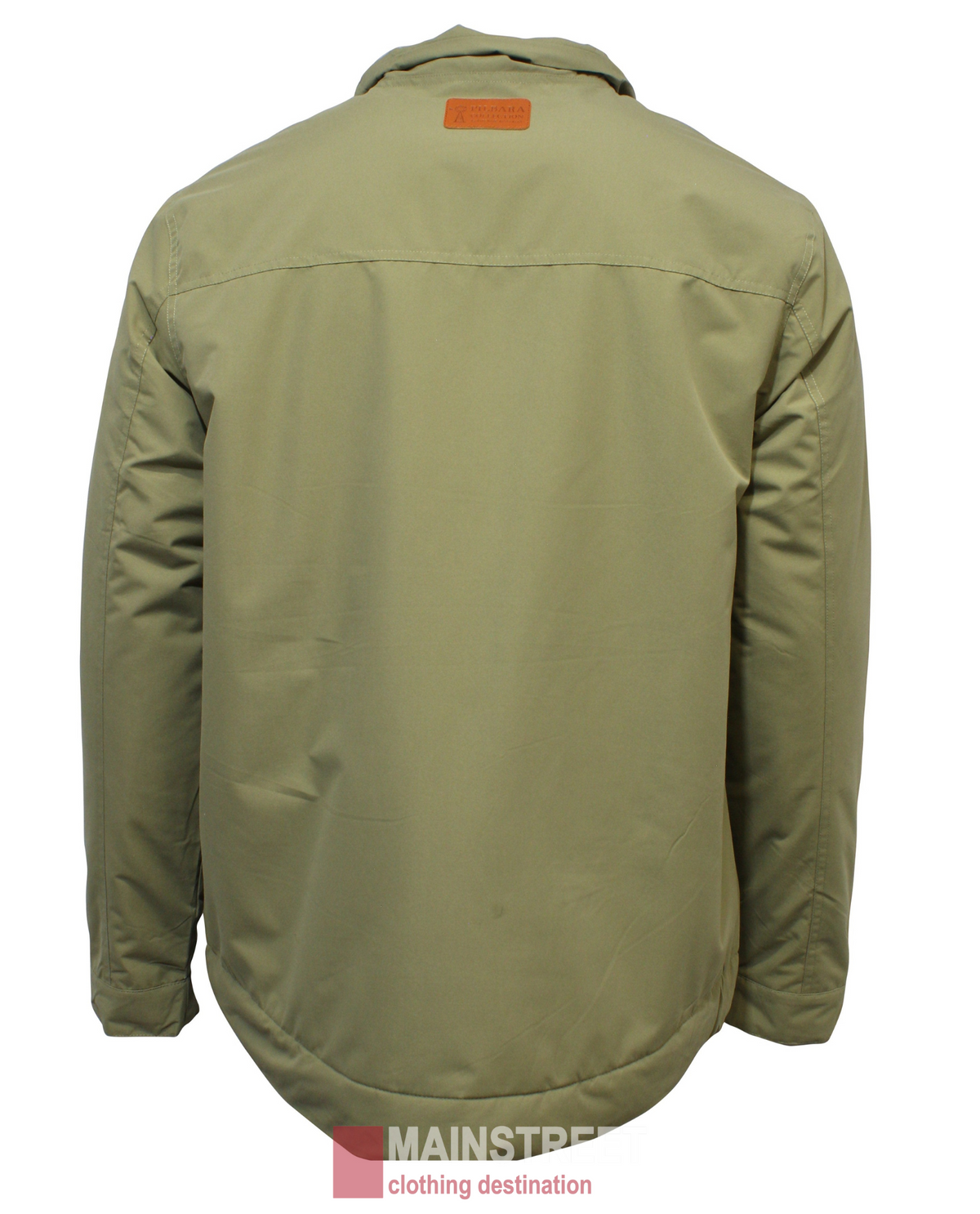 Back view of the khaki Pilbara Quilted Jacket, showcasing a collar and seam detailing. This waterproof jacket features a straight hem and a small logo patch near the shoulder.