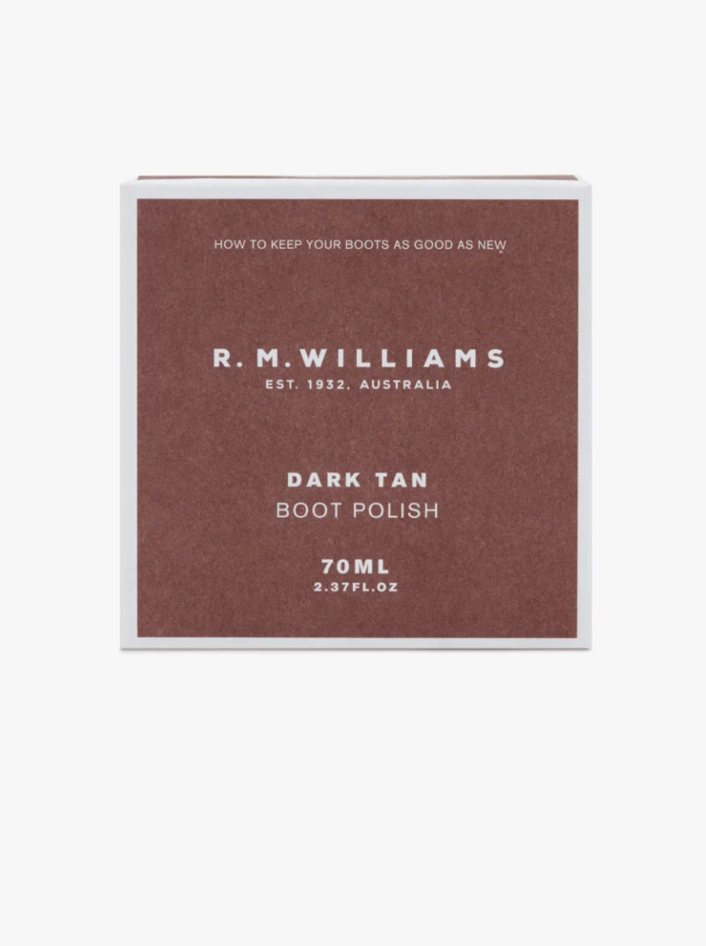 A box of RM Williams Stockmans Boot Polish in dark tan color. The front label reads "R.M. WILLIAMS EST. 1932, AUSTRALIA, DARK TAN BOOT POLISH, 70ML, 2.37FL.OZ." It also has the tagline "HOW TO KEEP YOUR BOOTS AS GOOD AS NEW" at the top and features an alcohol-free formula.