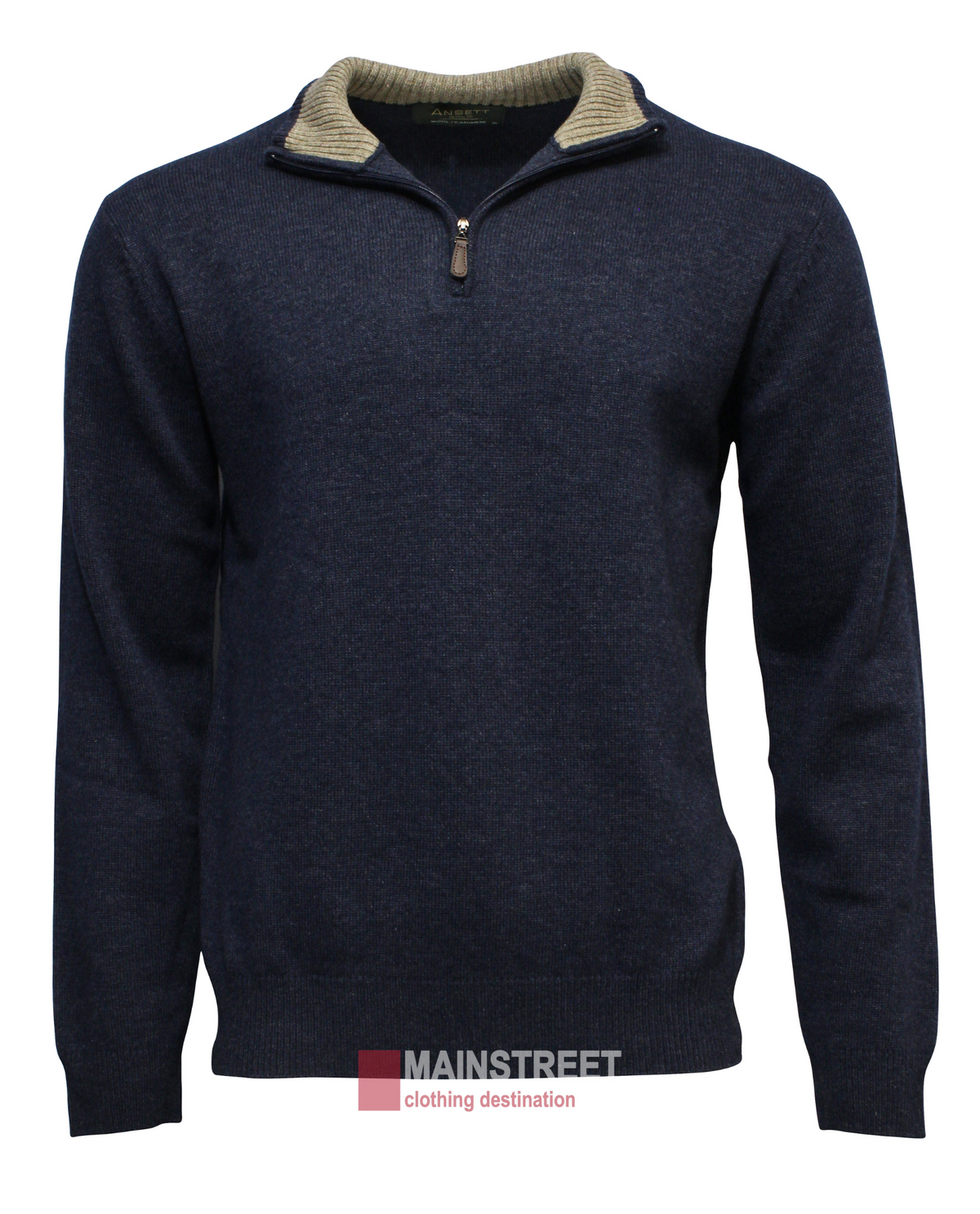 The Ansett Gold Luxury Wool Cashmere Half Zip Knit is a navy blue sweater with long sleeves and light ribbing. Made from soft knit, it has a half-zip collar with a lighter inner texture and features the "Mainstreet" logo with "clothing destination" text at the bottom.