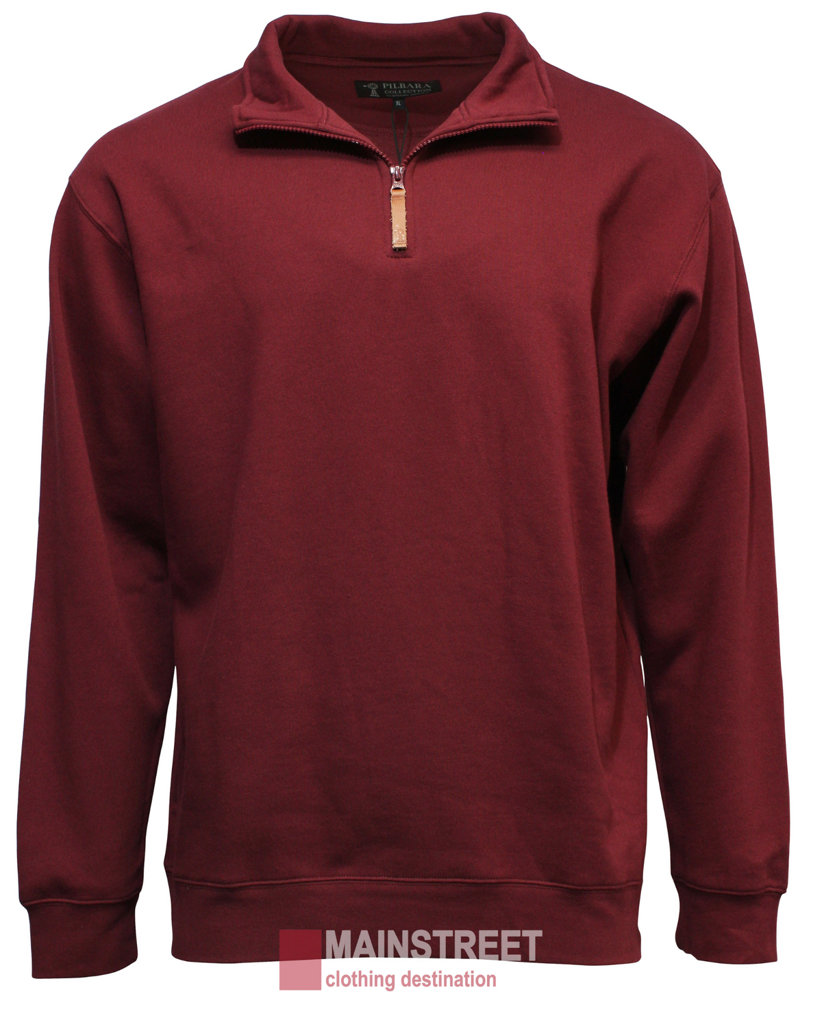 The Pilbara Classic Fleece Pullover, a burgundy quarter-zip with a brown zipper pull and cozy fleece lining, is displayed against a plain background. "MAINSTREET clothing destination" is elegantly visible at the bottom of the image.