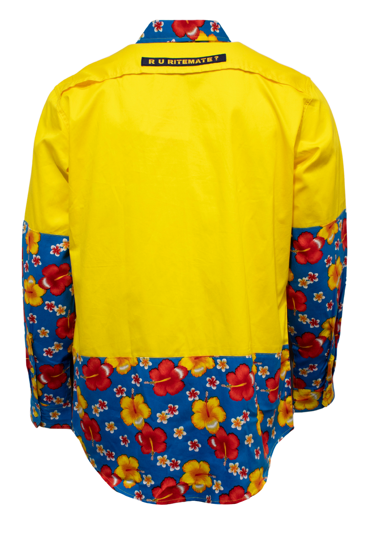 The Ritemate R U Hi Vis Vented Open Front Light Weight Shirt is a vibrant long-sleeve cotton twill shirt with a bright yellow top, blue lower sleeves and back, a red and yellow hibiscus pattern, and "R U RITEMATE?" on the collar.