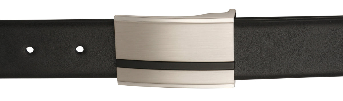 The Buckle Buffalo Leather Belt 5945 is a handcrafted, black belt made from full grain Buffalo Leather. It features a brushed silver rectangular buckle with a minimalist design and includes a decorative black stripe near the bottom. The belt also comes with adjustment holes to ensure a perfect fit.