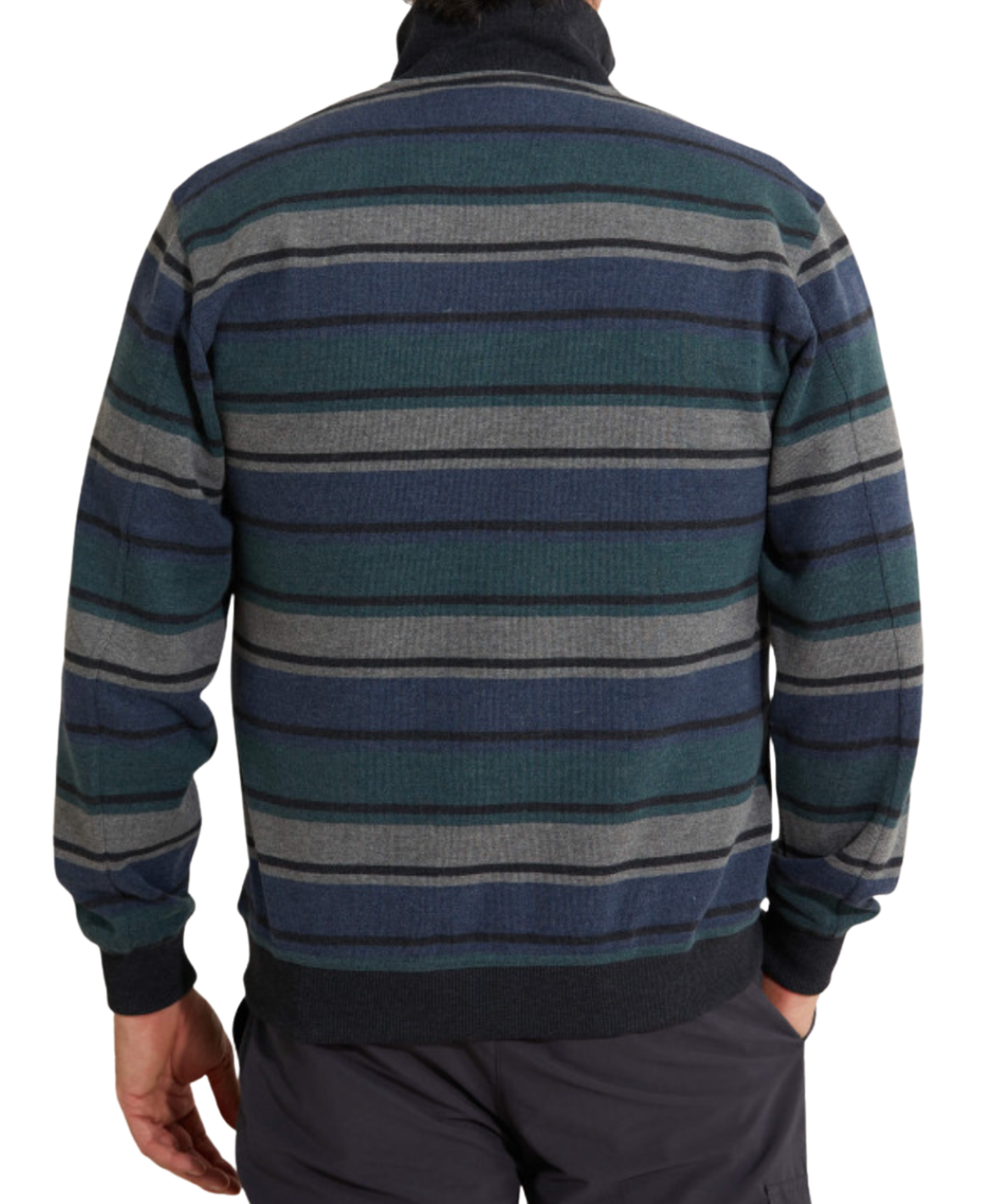 A person wears a Breakaway Fox French Rib Half Zip sweater with blue, green, and gray horizontal stripes of varying widths. They face away, hands by their sides, paired with dark pants.