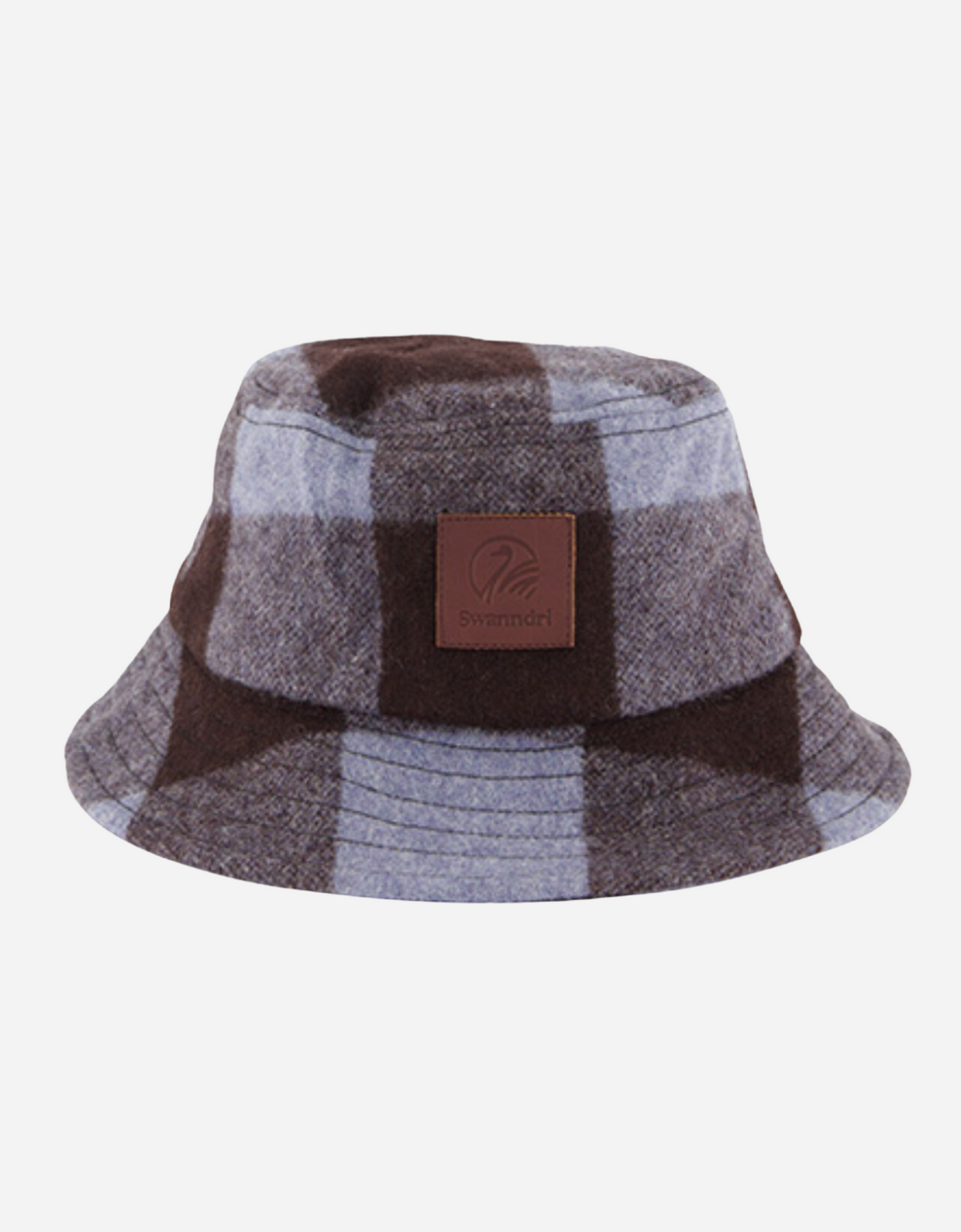 The Swanndri Kaimai Wool Bucket Hat features a plaid design in gray and brown with a leather patch embossed with elegant text. Set against a white background, this hat effortlessly combines stylish flair and timeless appeal.