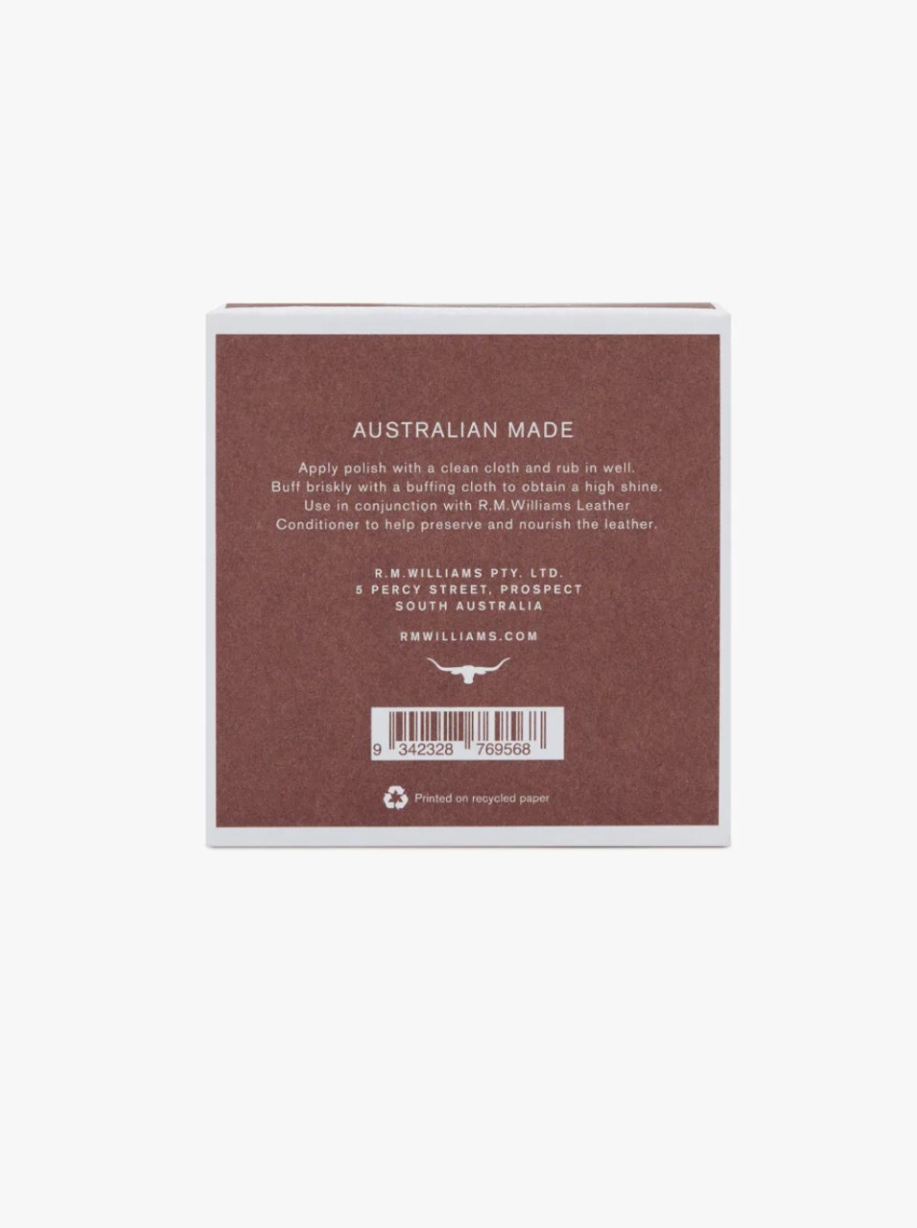 The back of a brown box labeled "AUSTRALIAN MADE" with specific care instructions for polishing leather and restoring color and shine. It includes the manufacturer’s details, R.M. Williams Pty Ltd, and the address in South Australia. The small Australia logo and barcode are at the bottom.