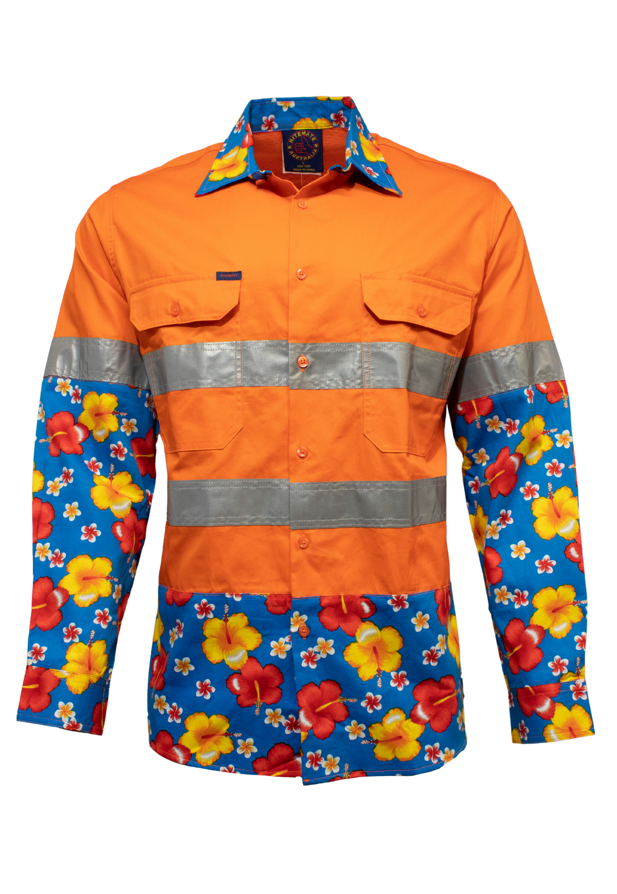 The Ritemate R U Hi Vis Taped Vented Open Front Light Weight Shirt features bright orange shoulders and chest, silver reflective stripes, and blue cotton twill with a red and yellow hibiscus flower pattern on the lower sleeves and hem.
