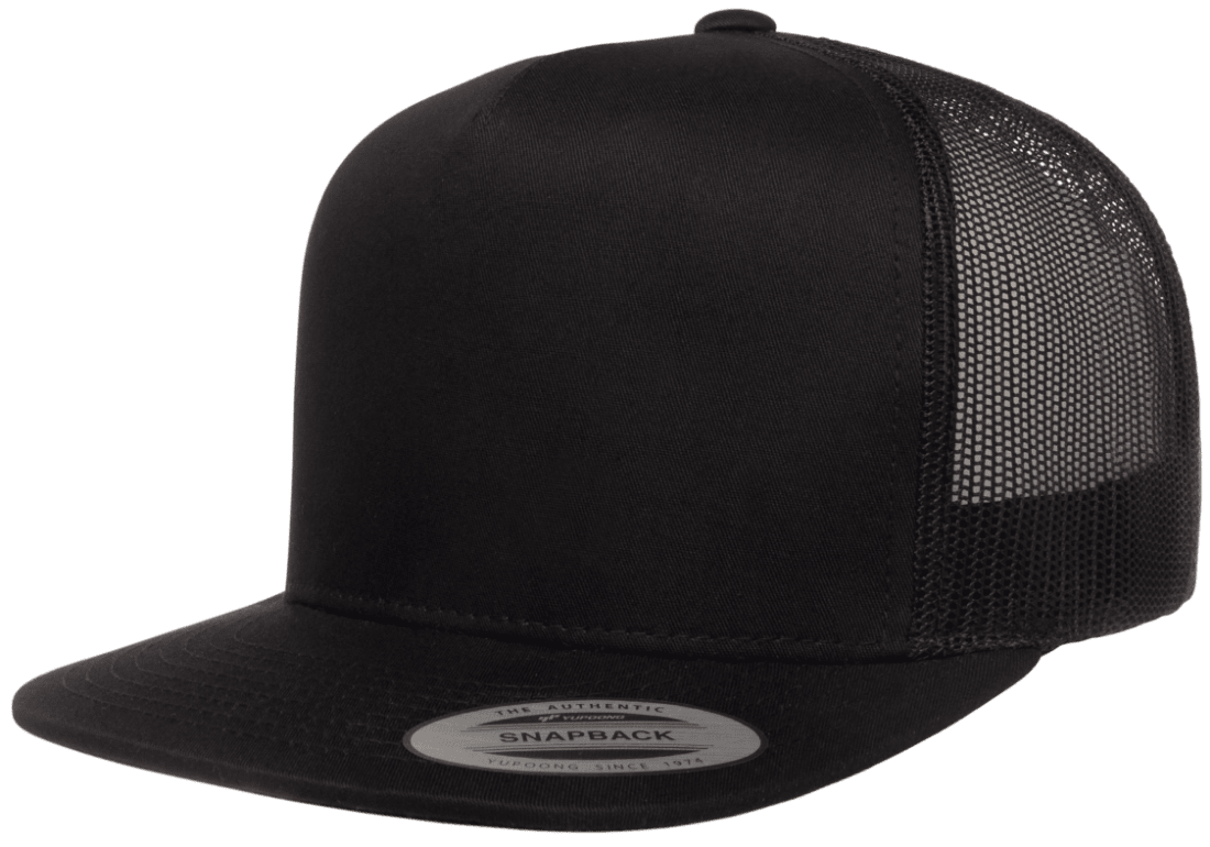 The FlexFit Classic Trucker Cap is a black hat that features a solid fabric front and mesh back. It includes a structured crown, an adjustable snap-back closure, and a flat brim adorned with a round sticker displaying the brand information on the visor.
