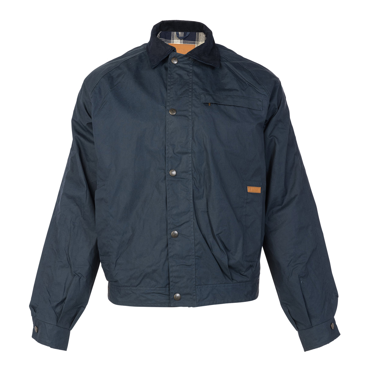 The Outback Burke Jacket, in dark blue, features a button-up front, collar, and plaid-lined neck. Made from Australian Waxed Cotton with chest and side pockets, this jacket exudes a casual, classic design—perfect for stylishly facing the elements.