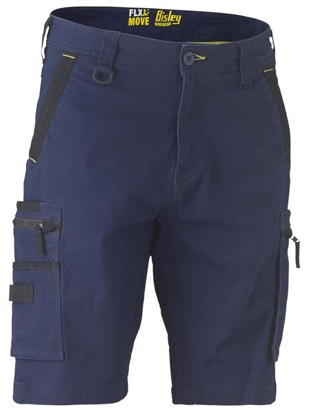The Bisley Flex & Move Stretch Utility Cargo Short in navy blue features black accents, a cargo pocket, reinforced belt loops, and multiple pockets for tools. These shorts come with a button closure and zip fly and display "Bisley" and "FLX & MOVE" branding on the inside waistband.