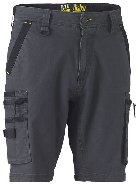 The Bisley Flex & Move Stretch Utility Cargo Shorts in dark gray come with multiple pockets, including side, front, and utility pockets. They feature reinforced belt loops with black detailing and provide a comfortable fit. The shorts are fastened with a front button and zipper, and the brand "Bisley" is visible on the inner waistband.