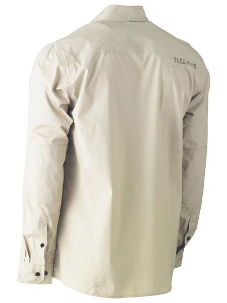 A light beige long-sleeve Bisley Flex & Move Utility Work Shirt is shown from the back. The shirt features buttoned cuffs and a collar, with a yoke seam across the shoulder blades. It offers SPF 50+ protection and has a small embroidered "FLY2 Blue" logo on the left upper back.