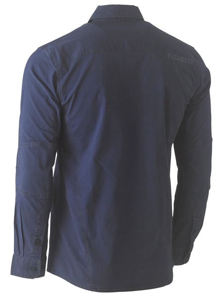 A back view of the navy blue Bisley Flex & Move Utility Work Shirt showcasing its long sleeves and button-up design. The shirt features a yoke seam across the shoulders and stitched detailing for a tailored appearance. The buttoned cuffs complement the smooth, lightweight fabric that provides SPF 50+ protection. The brand "FJLMOVE" is visible on the upper back.
