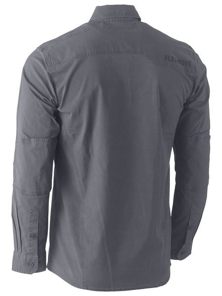 A back view of the long-sleeved dark gray Bisley Flex & Move Utility Work Shirt highlights its collar, buttoned cuffs, shoulder and elbow seam details, and a small "FLX Move" logo on the upper right side. The material looks lightweight and flexible, providing SPF 50+ protection.