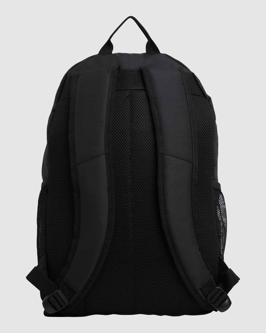 The Billabong Shallows Tao Backpack in black is shown from the back, featuring padded shoulder straps, a top handle, mesh side pockets, a breathable mesh back panel, an internal laptop sleeve, and a 27L capacity.