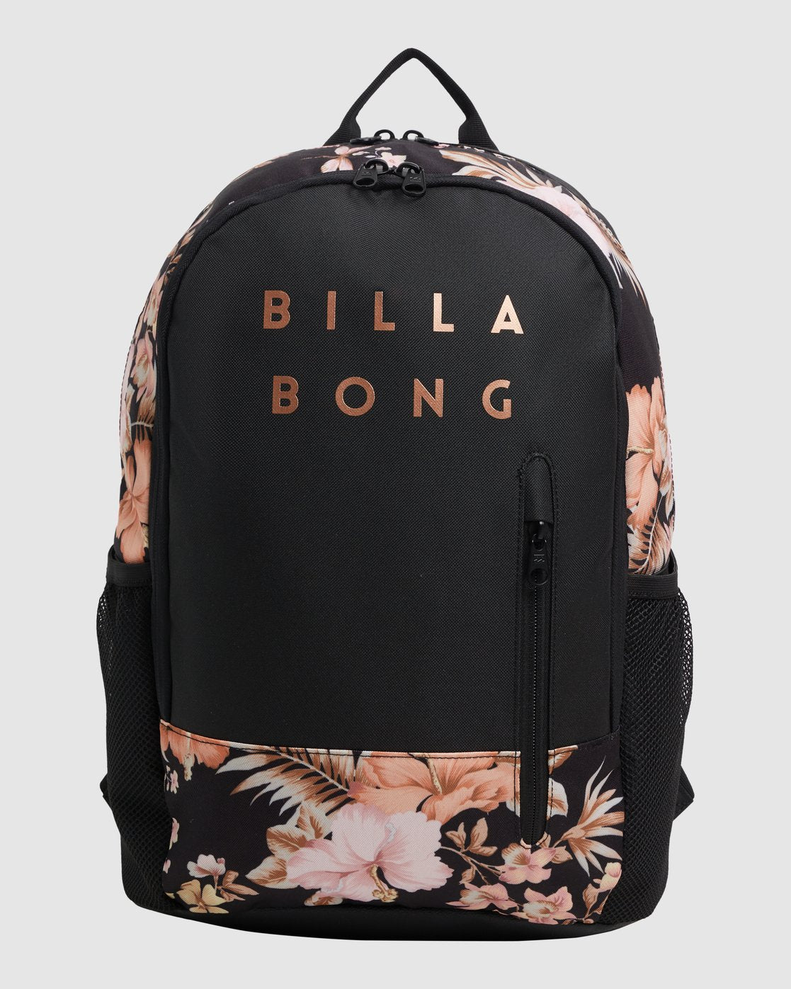 The Billabong Shallows Tao Backpack features a black design with pink and beige florals, mesh side pockets, a front zip pocket, an internal laptop sleeve, gold "BILLABONG" lettering, and a spacious 27L capacity for all your essentials.