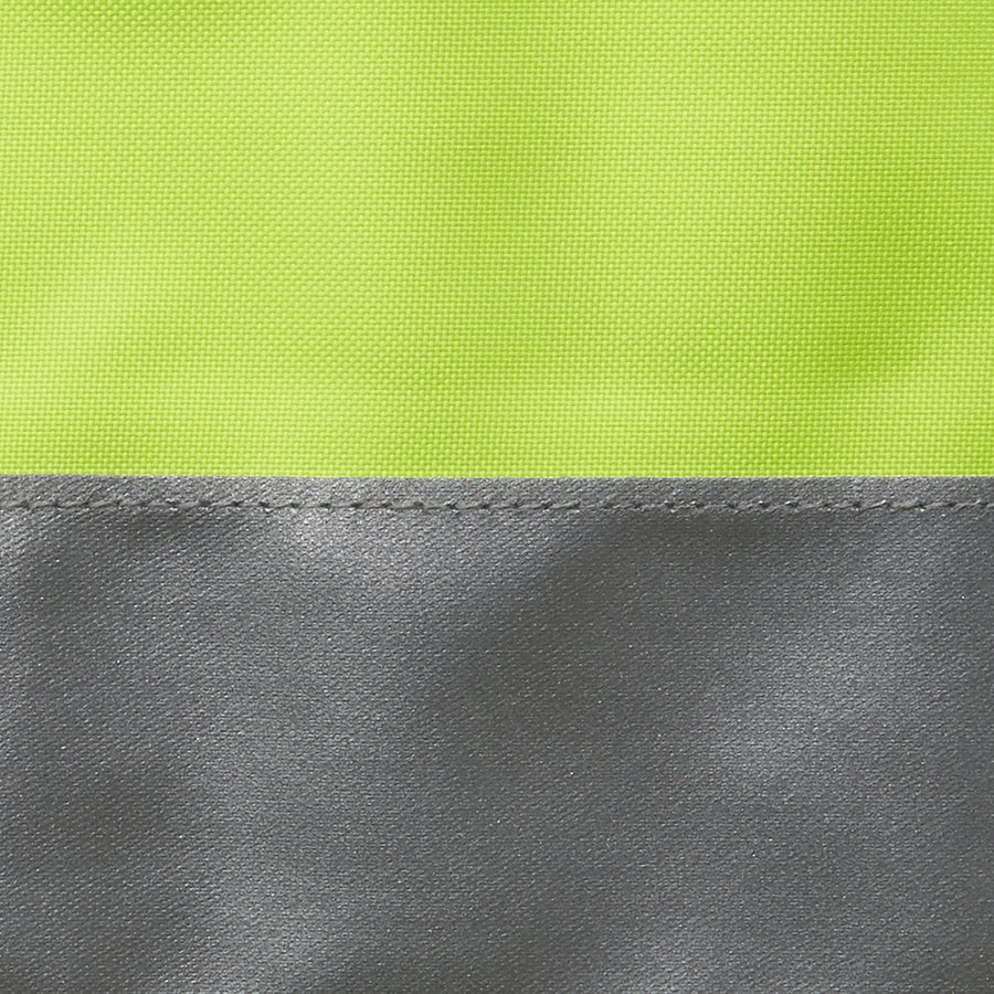 Close-up of JBs Hi Vis Reversible Vest showcasing two horizontal sections. The top half is a bright neon yellow-green, and the bottom half is a medium gray. The sections are stitched together with a visible seam running horizontally across the image, highlighting its reversible design.