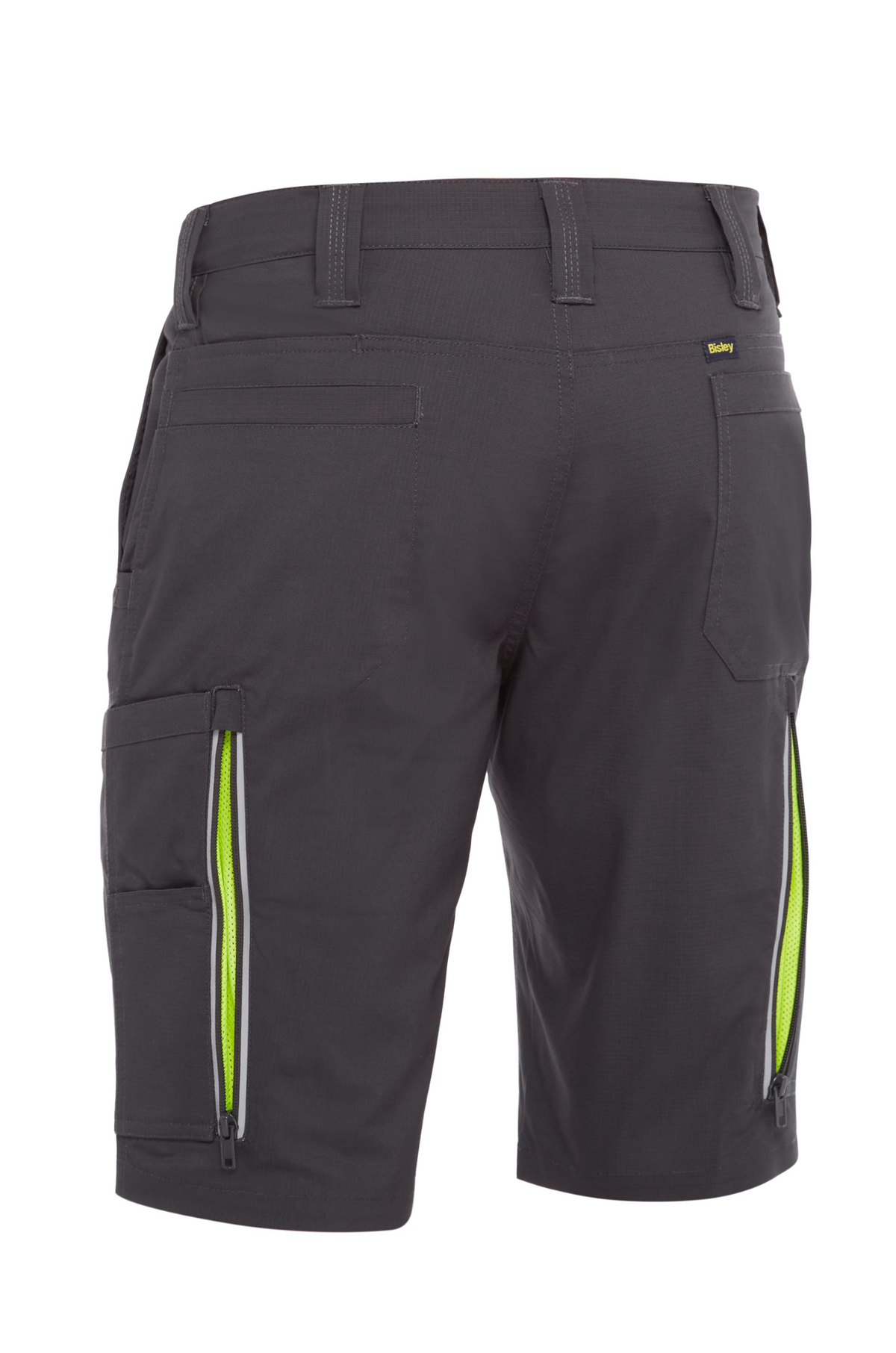 Gray Bisley X Airflow Stretch Ripstop Vented Cargo Shorts viewed from the back, showcasing belt loops, pockets, and neon green zippered side pockets with reflective zip leg ventilation.