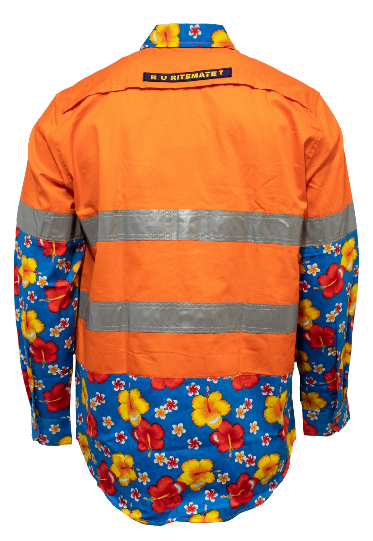 The Ritemate R U Hi Vis Taped Vented Open Front Light Weight Shirt features high-visibility orange cotton twill, reflective silver stripes, and blue sleeves and collar adorned with a colorful tropical floral pattern.