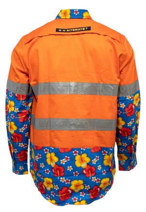 The Ritemate R U Hi Vis Taped Vented Open Front Light Weight Shirt features high-visibility orange cotton twill, reflective silver stripes, and blue sleeves and collar adorned with a colorful tropical floral pattern.