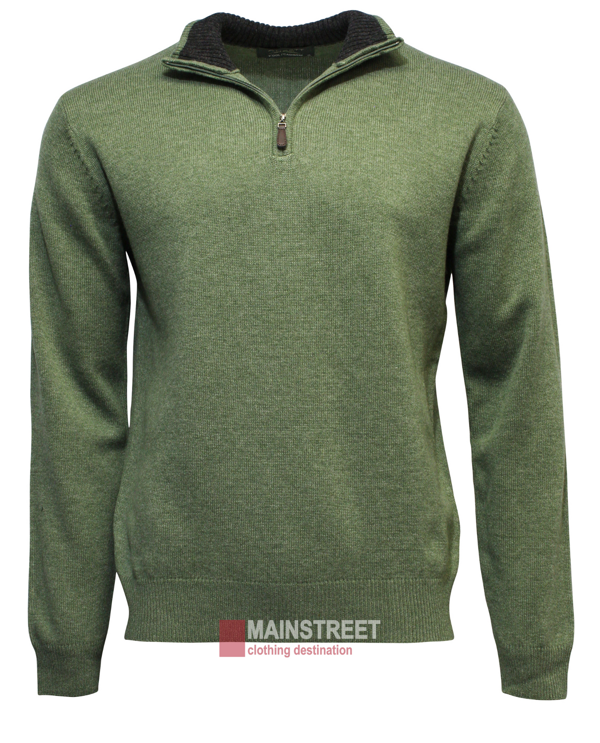 Ansett Gold Luxury Wool Cashmere Half Zip Knit features a green textured body with a dark collar, ribbed cuffs, hem, and a small logo reading "MAINSTREET clothing destination.