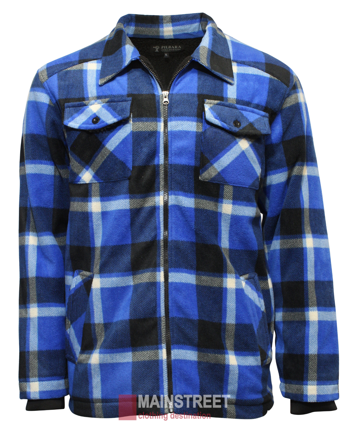 The Ritemate Pilbara Sherpa Lined Check Jacket features a blue and black checkered design, long sleeves, zip-up front, sherpa lining, and two buttoned chest pockets. A logo and "MAINSTREET clothing destination" are displayed at the bottom of this casual jacket.