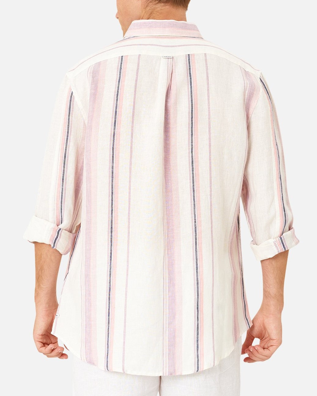 A person is seen from the back wearing the Industrie The Beechwood Linen Long Sleeve Shirt, which features vertical stripes in shades of pink, white, and blue. The sleeves are rolled up to the elbows. Made from 100% linen, this relaxed-fit shirt epitomizes comfort against the plain white background.