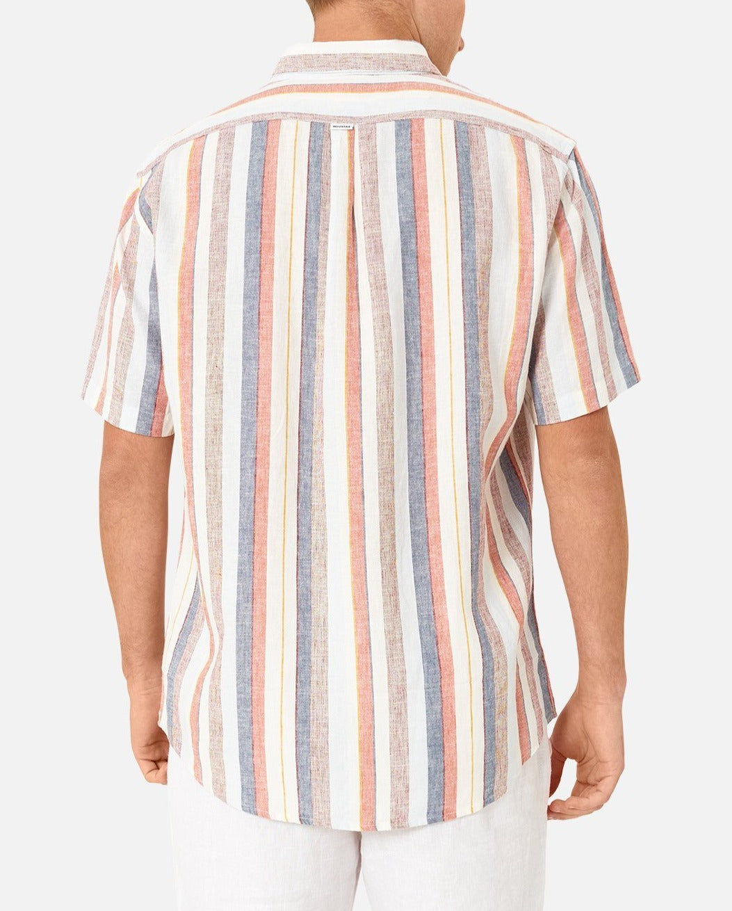 A person is seen from behind wearing the Industrie The Delgrado Short Sleeve Shirt, featuring vertical stripes in pastel colors such as blue, orange, and white. The stylish shirt is paired with white pants against a plain, light-colored background.