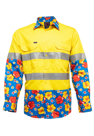 The Ritemate R U Hi Vis Taped Vented Open Front Light Weight Shirt features a yellow body, silver reflective stripes, and vibrant blue sleeves and lower section with red, yellow, and white hibiscus floral patterns. Cotton twill collar matches the floral design.