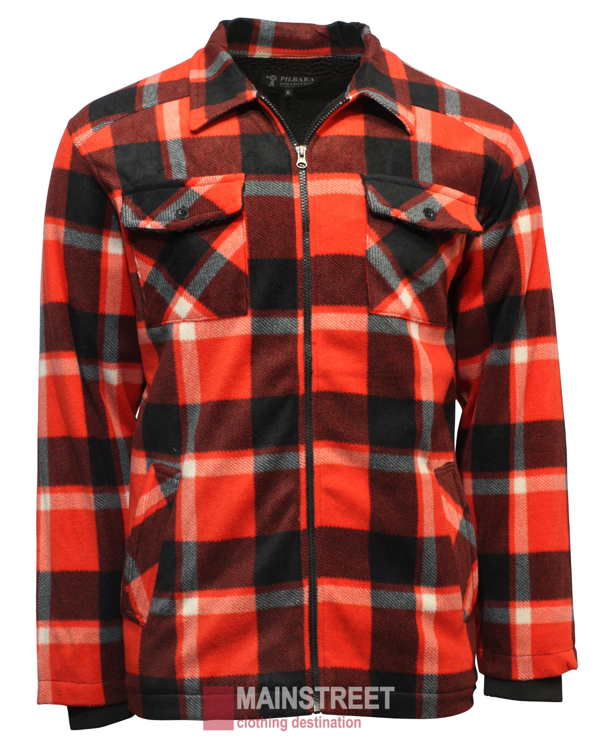 The Ritemate Pilbara Sherpa Lined Check Jacket is a red and black plaid design with a zip-up front, sherpa lining for warmth, and two chest pockets. It has a white background with the partially visible "Mainstreet" logo at the bottom.