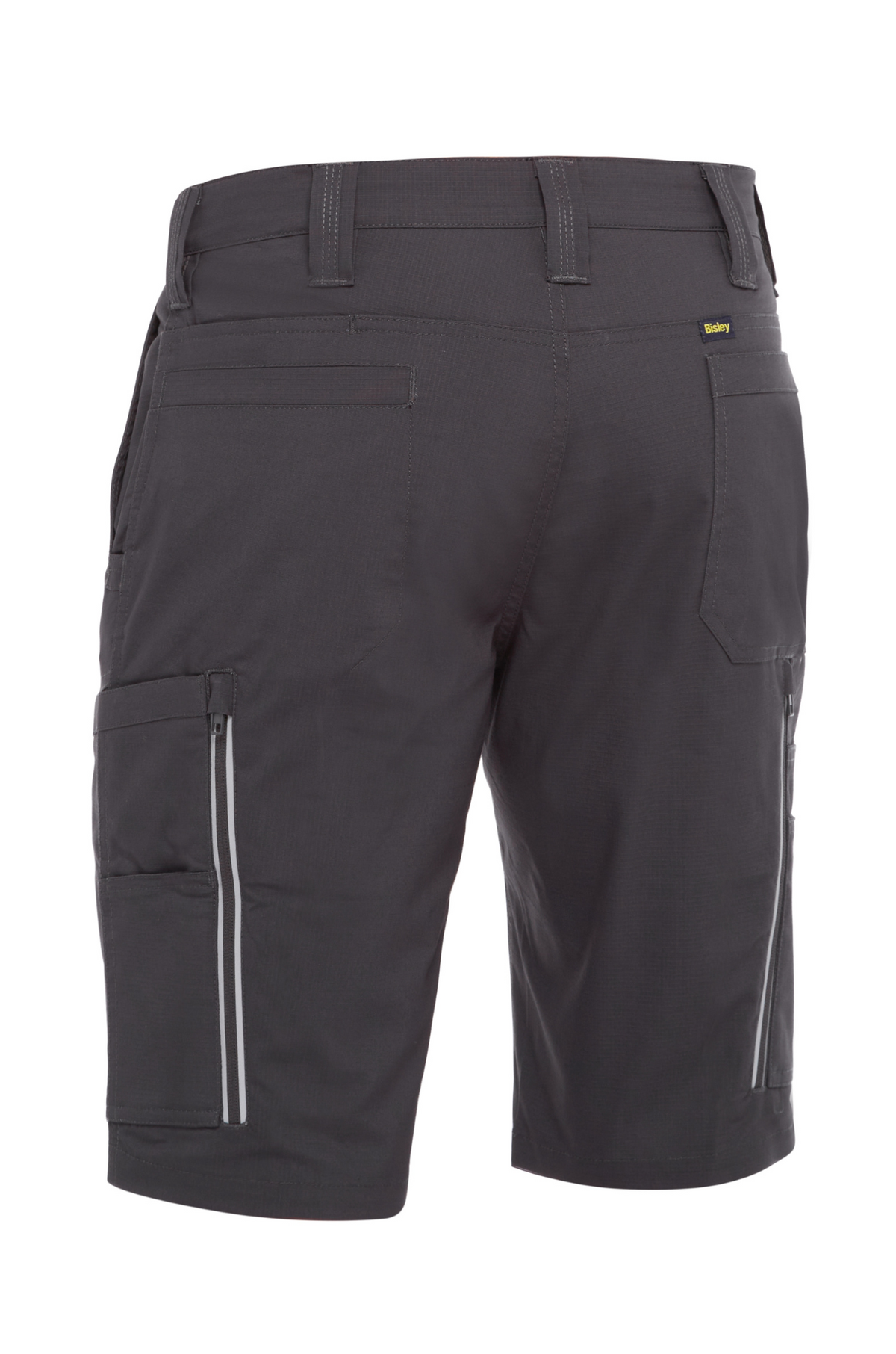 The Bisley X Airflow Stretch Ripstop Vented Cargo Shorts in dark gray are shown from the rear. Made of stretch ripstop fabric, they feature multiple pockets, horizontal ones, vertical zippers on both sides for ventilation, and belt loops for versatility.