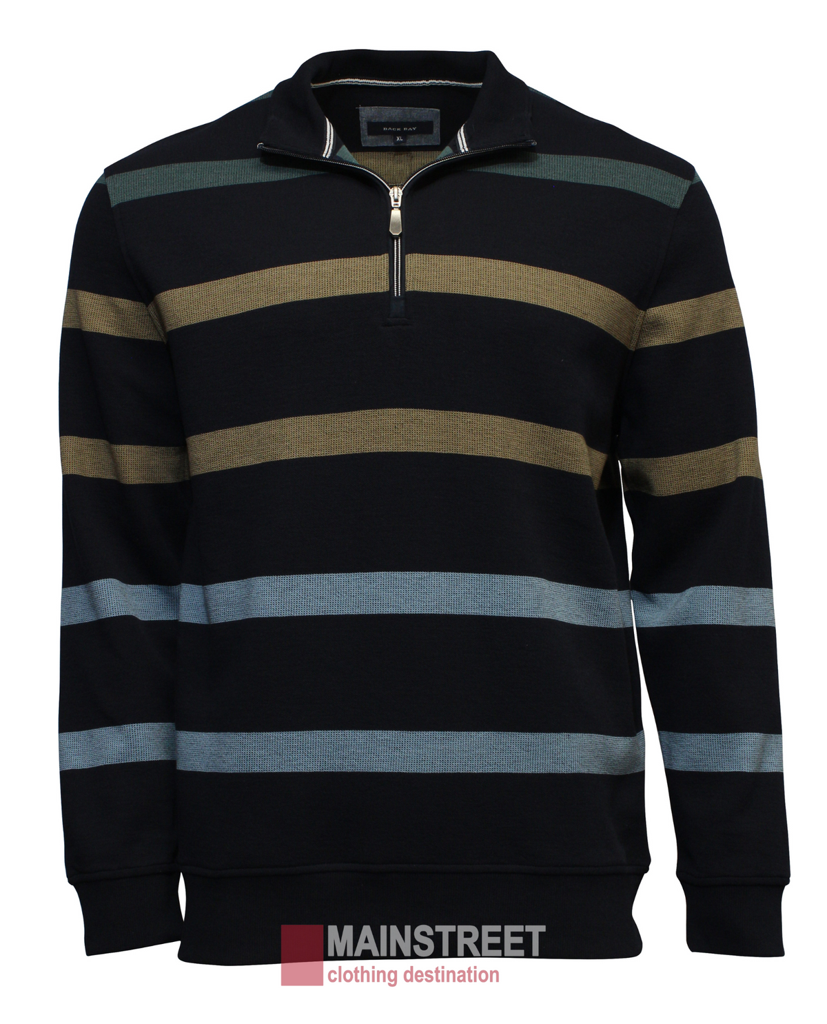 The Back Bay Stripe Mini Box Stitch Fleece is a black half-zip jumper with beige, olive, and light blue horizontal stripes. It features a collar zipper for easy wear and the "MAINSTREET clothing destination" logo at the bottom, making it perfect for casual outings.