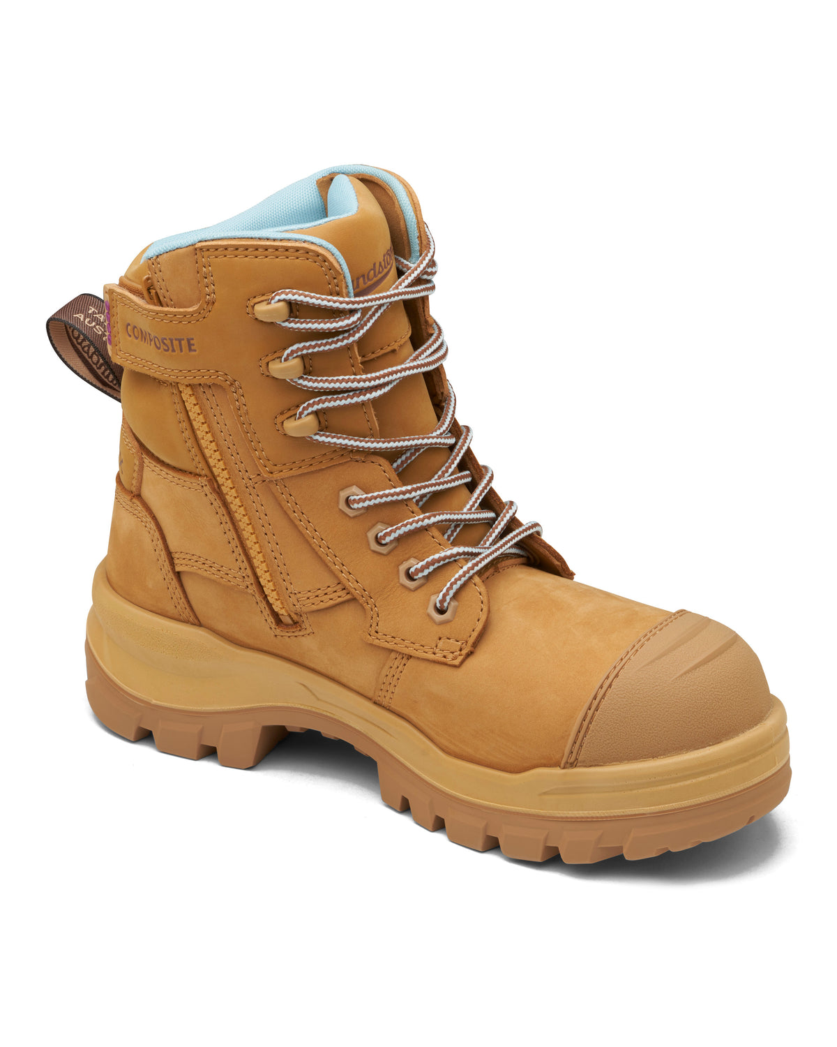 The Blundstone RotoFlex Womens 8860 High Zip Side Safety Boot features a composite toe, sturdy laces, and a thick, slip-resistant sole. It includes a side zipper and pull tab for easy wearing and is lined with light blue fabric for comfort and style.