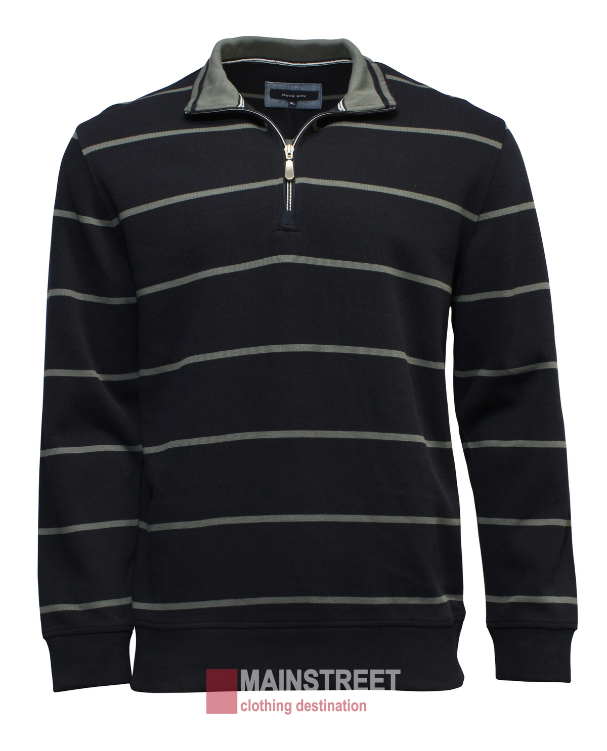 The Back Bay French Rib Stripe Fleece is a black long-sleeve jumper with gray stripes, half zip collar, and rib knit cuffs and hem. "MAINSTREET clothing destination" is printed at the bottom.
