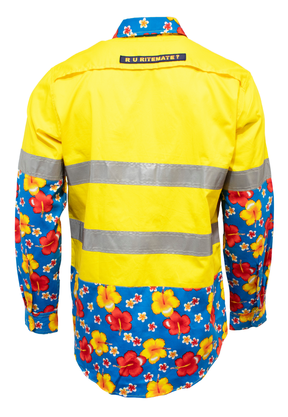 The Ritemate R U Hi Vis Taped Vented Open Front Light Weight Shirt boasts bright yellow cotton twill, reflective stripes, blue sleeves and base with red, white, and yellow hibiscus flowers. “R U RITEMATE?” decorates the upper back—a standout long sleeve option.