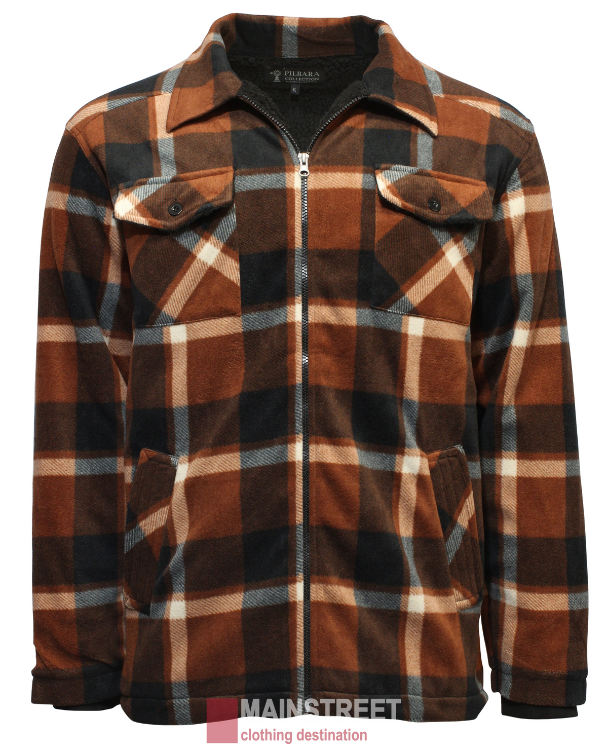 The Pilbara Sherpa Lined Check Jacket features a brown, black, and cream plaid design with a zipper front and two buttoned chest pockets, offering warmth with its sherpa lining. Ideal for casual wear, it embodies Mainstreet's "clothing destination" tagline.