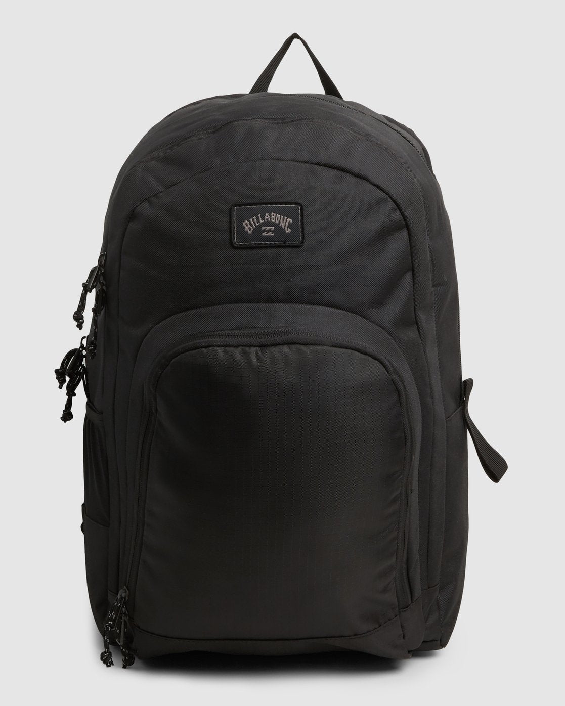 A black Billabong Command Backpack featuring multiple compartments, zippers, and a convenient top handle. It includes a padded laptop compartment for extra protection and a small Billabong logo patch on the front.