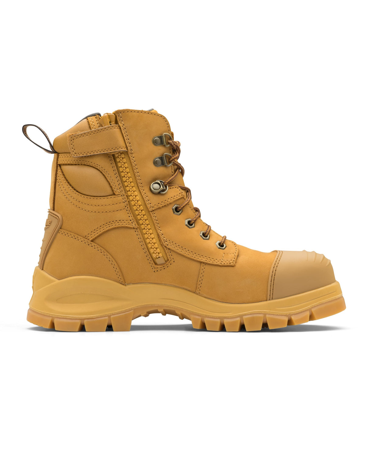 The Blundstone 992 Zip Sided Scuff Cap Safety Boot is a high-top, tan-colored work boot with a robust design. It features a side zipper, metal eyelets, and a pull-on tab at the heel. This water-resistant boot includes a durable, textured sole and a steel toe cap for added protection.