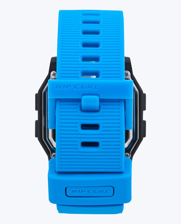 A close-up of the Rip Curl Atom Digital Watch’s blue textured strap and branded buckle, set against a plain white background.