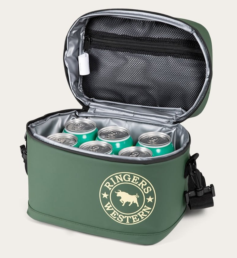 The Ringers Western Newport Soft Cooler Bag is a green, insulated cooler bag featuring the "Ringers Western" logo on the front. It comes with a convenient carry strap and includes a mesh pocket inside the lid. When unzipped and open, it reveals six green beverage cans neatly stored inside.