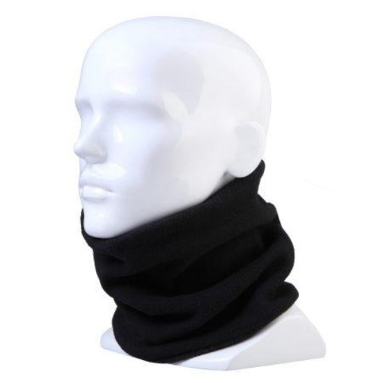 The Rainbird Neckwarmer, a black neck gaiter made of soft, stretchy anti-pill fabric, is seen on a white mannequin head that is slightly facing to the left and covering the neck area.